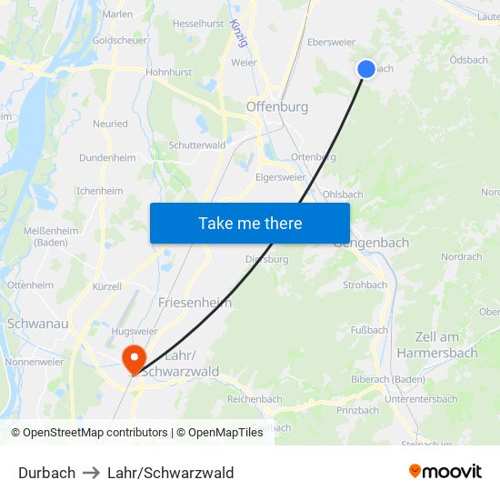 Durbach to Lahr/Schwarzwald map