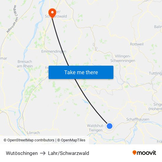 Wutöschingen to Lahr/Schwarzwald map