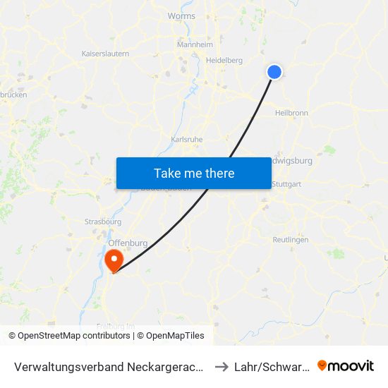 Verwaltungsverband Neckargerach-Waldbrunn to Lahr/Schwarzwald map