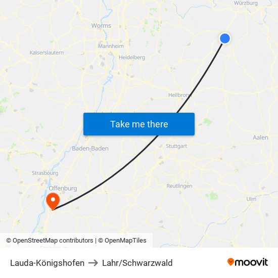 Lauda-Königshofen to Lahr/Schwarzwald map
