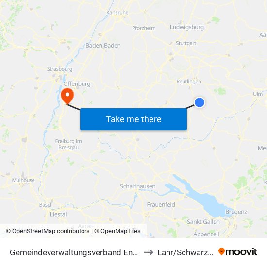Gemeindeverwaltungsverband Engstingen to Lahr/Schwarzwald map