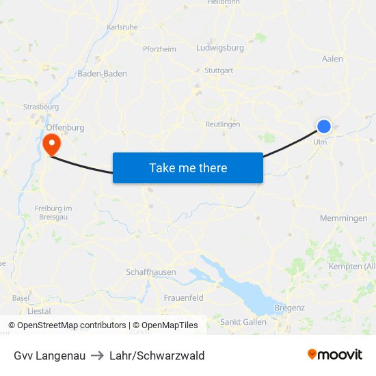 Gvv Langenau to Lahr/Schwarzwald map