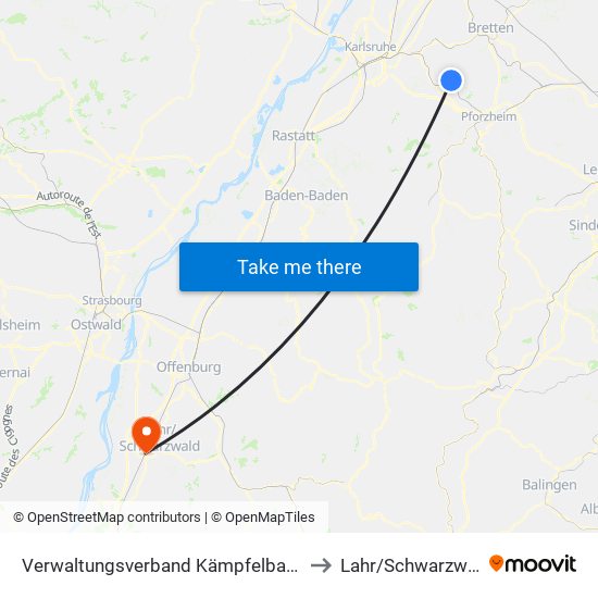 Verwaltungsverband Kämpfelbachtal to Lahr/Schwarzwald map