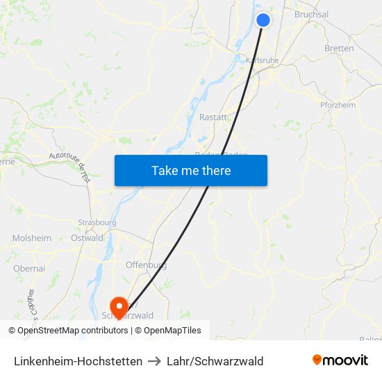 Linkenheim-Hochstetten to Lahr/Schwarzwald map