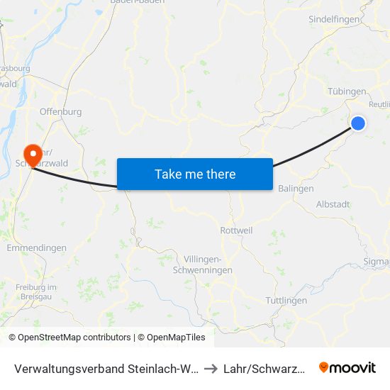 Verwaltungsverband Steinlach-Wiesaz to Lahr/Schwarzwald map