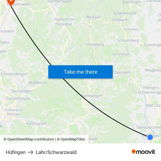 Hüfingen to Lahr/Schwarzwald map