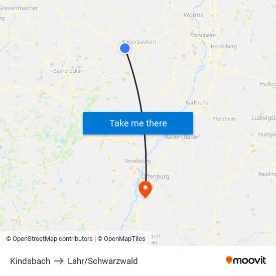 Kindsbach to Lahr/Schwarzwald map