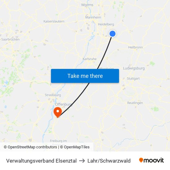 Verwaltungsverband Elsenztal to Lahr/Schwarzwald map