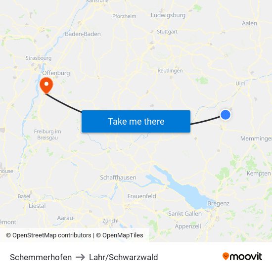 Schemmerhofen to Lahr/Schwarzwald map