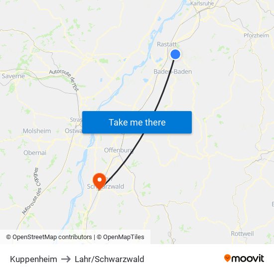 Kuppenheim to Lahr/Schwarzwald map