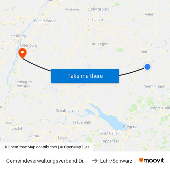 Gemeindeverwaltungsverband Dietenheim to Lahr/Schwarzwald map