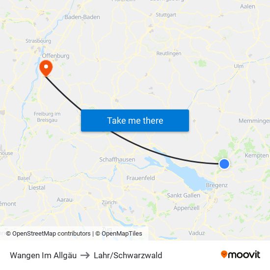 Wangen Im Allgäu to Lahr/Schwarzwald map