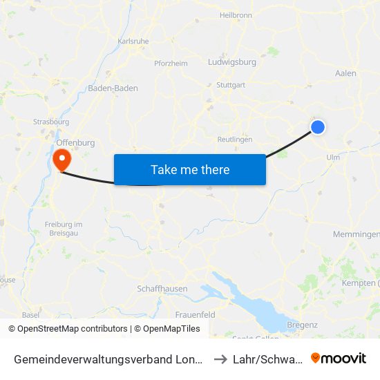 Gemeindeverwaltungsverband Lonsee-Amstetten to Lahr/Schwarzwald map