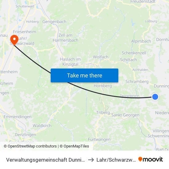 Verwaltungsgemeinschaft Dunningen to Lahr/Schwarzwald map