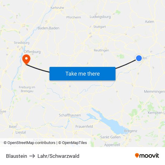 Blaustein to Lahr/Schwarzwald map