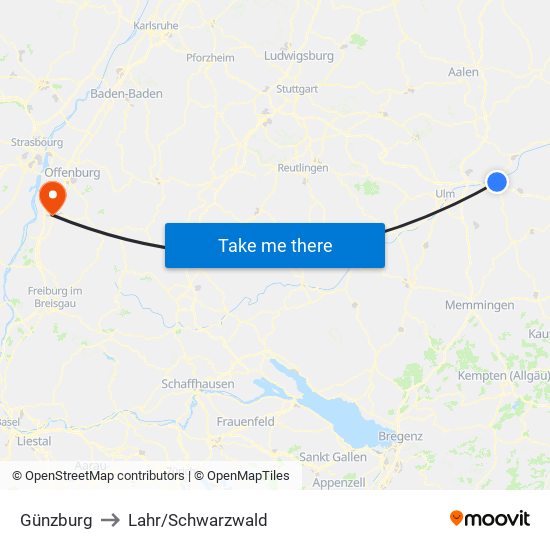 Günzburg to Lahr/Schwarzwald map
