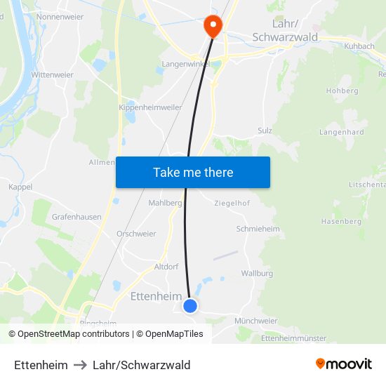 Ettenheim to Lahr/Schwarzwald map