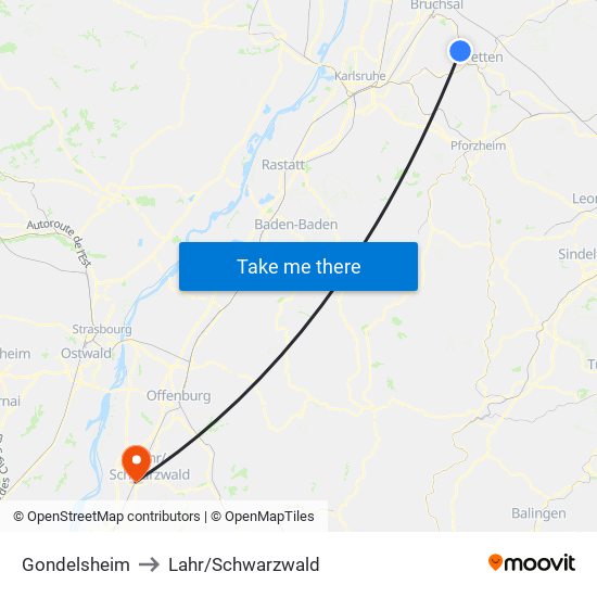 Gondelsheim to Lahr/Schwarzwald map