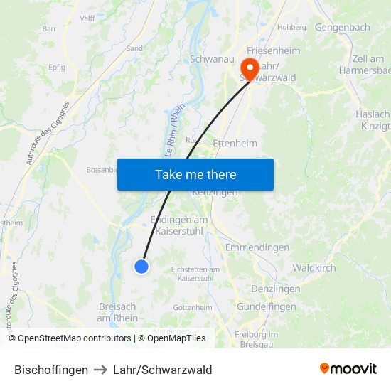 Bischoffingen to Lahr/Schwarzwald map