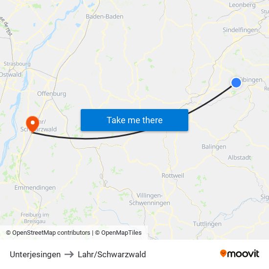 Unterjesingen to Lahr/Schwarzwald map