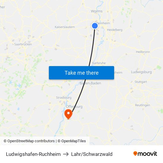 Ludwigshafen-Ruchheim to Lahr/Schwarzwald map