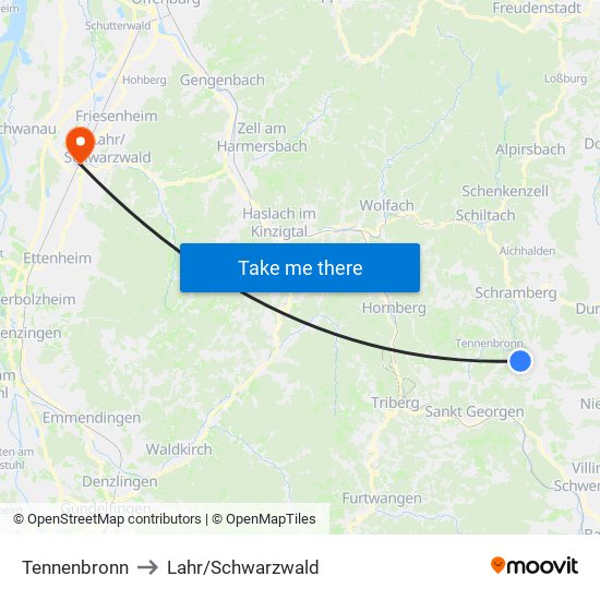 Tennenbronn to Lahr/Schwarzwald map