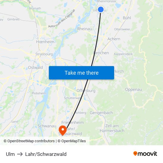 Ulm to Lahr/Schwarzwald map