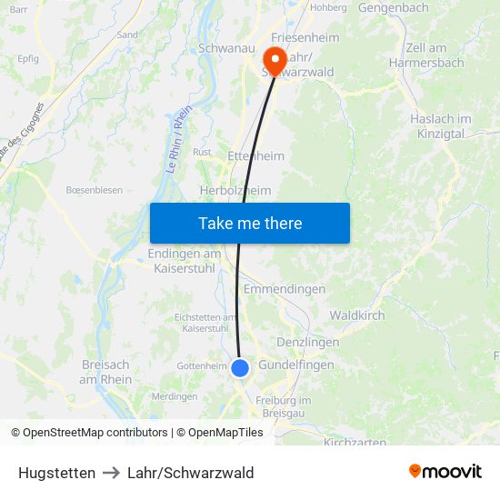 Hugstetten to Lahr/Schwarzwald map