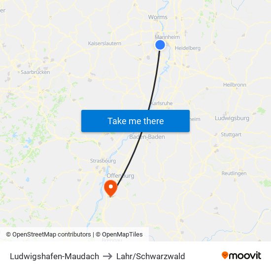 Ludwigshafen-Maudach to Lahr/Schwarzwald map