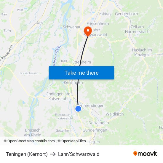 Teningen (Kernort) to Lahr/Schwarzwald map