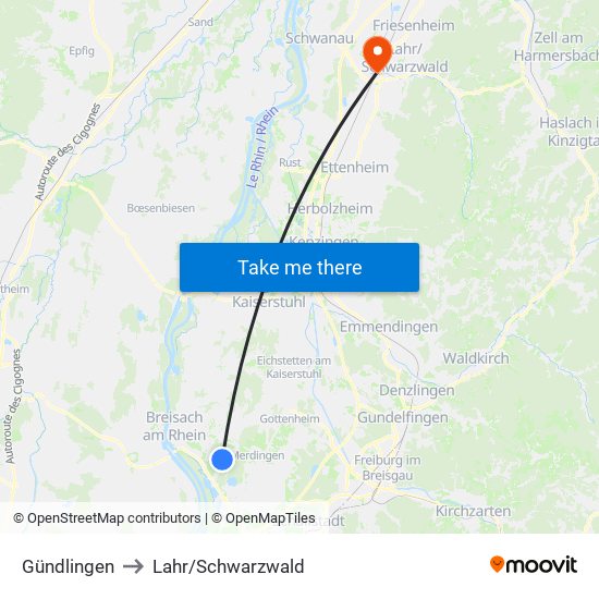 Gündlingen to Lahr/Schwarzwald map