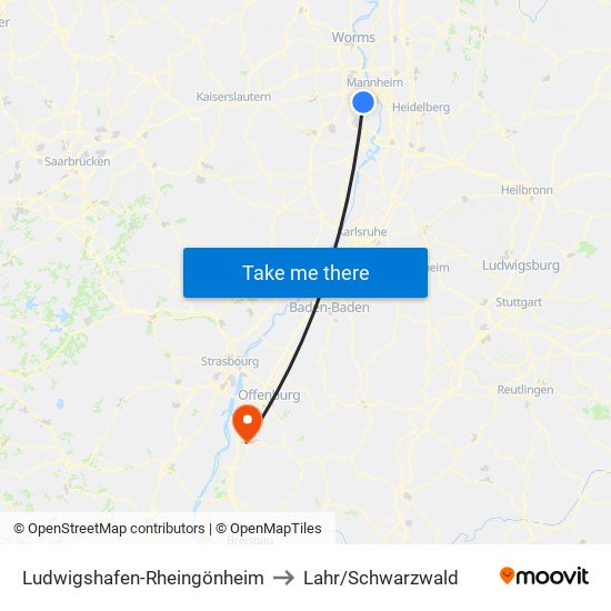 Ludwigshafen-Rheingönheim to Lahr/Schwarzwald map