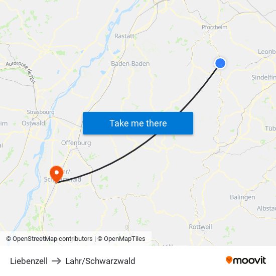 Liebenzell to Lahr/Schwarzwald map