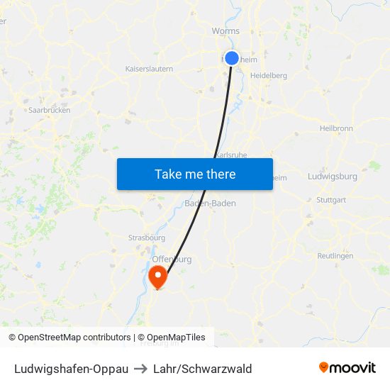 Ludwigshafen-Oppau to Lahr/Schwarzwald map