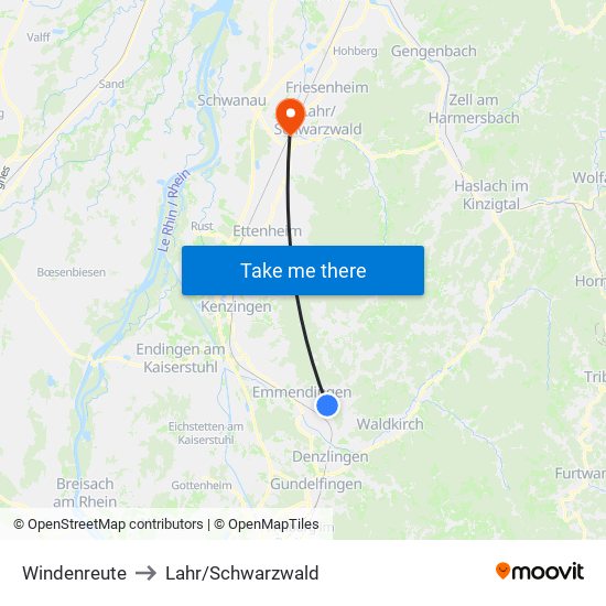 Windenreute to Lahr/Schwarzwald map