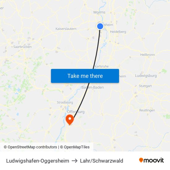 Ludwigshafen-Oggersheim to Lahr/Schwarzwald map