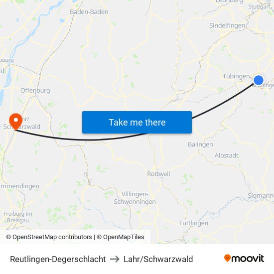 Reutlingen-Degerschlacht to Lahr/Schwarzwald map