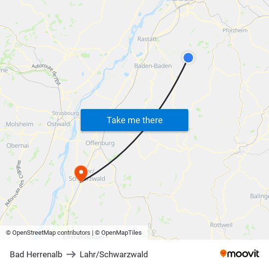 Bad Herrenalb to Lahr/Schwarzwald map