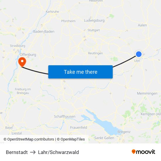 Bernstadt to Lahr/Schwarzwald map