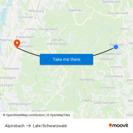 Alpirsbach to Lahr/Schwarzwald map