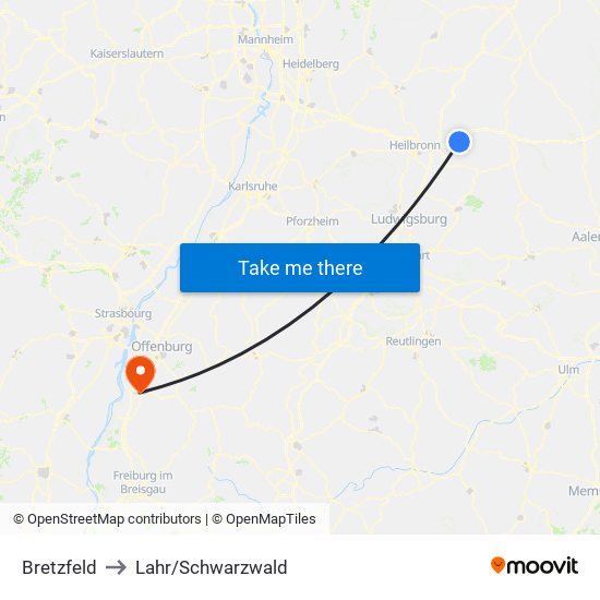 Bretzfeld to Lahr/Schwarzwald map