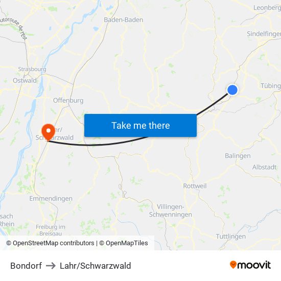 Bondorf to Lahr/Schwarzwald map