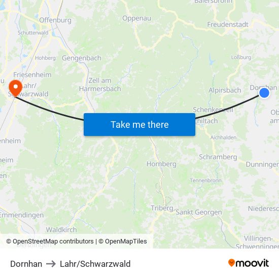 Dornhan to Lahr/Schwarzwald map