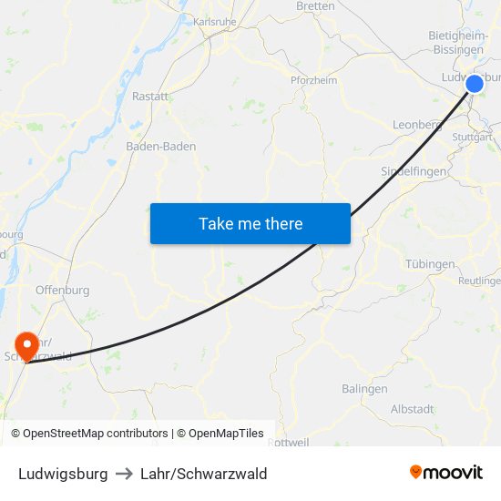 Ludwigsburg to Lahr/Schwarzwald map