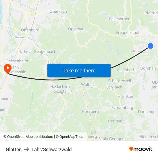 Glatten to Lahr/Schwarzwald map