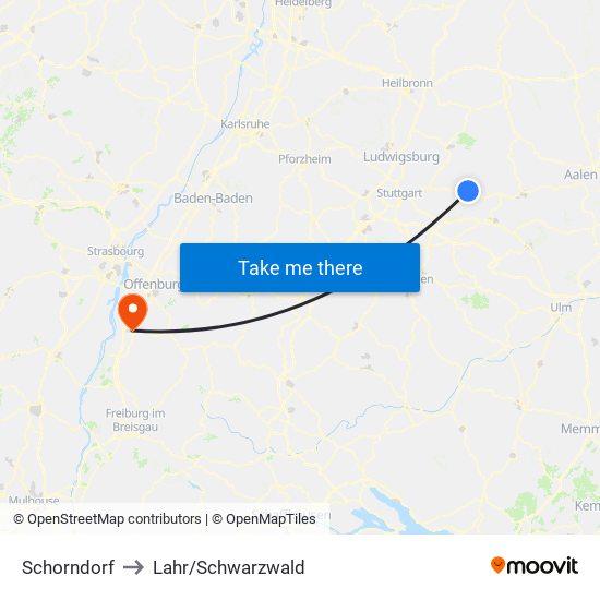 Schorndorf to Lahr/Schwarzwald map