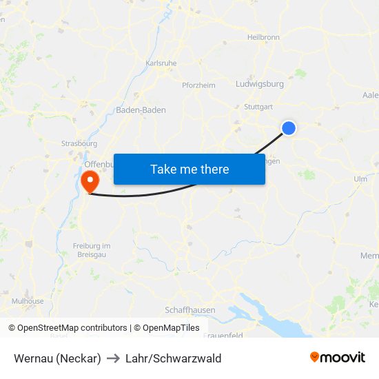 Wernau (Neckar) to Lahr/Schwarzwald map
