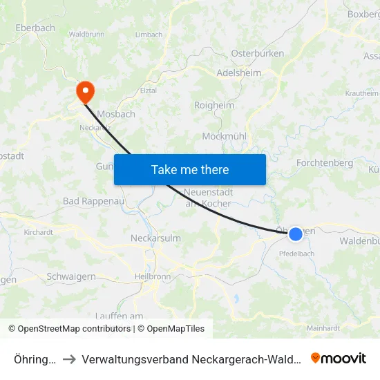 Öhringen to Verwaltungsverband Neckargerach-Waldbrunn map