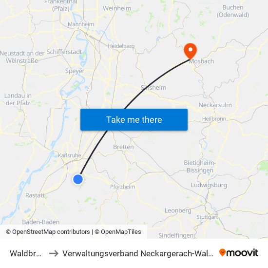 Waldbronn to Verwaltungsverband Neckargerach-Waldbrunn map