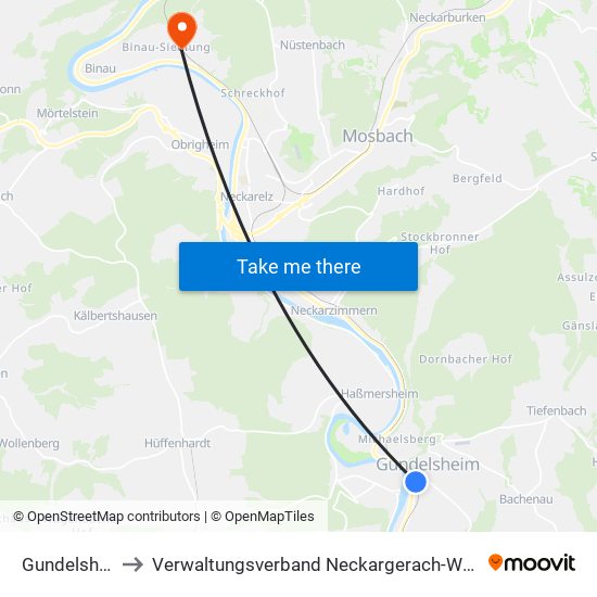 Gundelsheim to Verwaltungsverband Neckargerach-Waldbrunn map